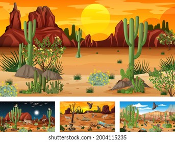 Different scenes with desert forest landscape with animals and plants illustration