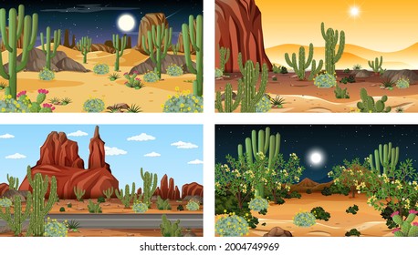 Different scenes with desert forest landscape illustration