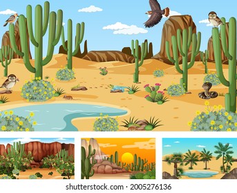 Different scenes with desert forest landscape with animals and plants illustration