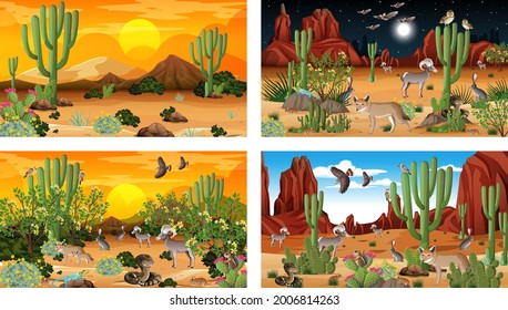 Different scenes with desert forest landscape with animals and plants illustration