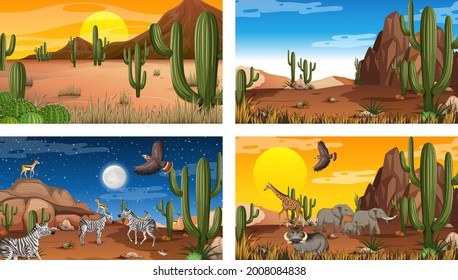 Diferentes escenas con paisaje forestal desértico con ilustraciones de animales y plantas