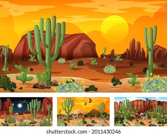 Different scenes with desert forest landscape with animals and plants illustration