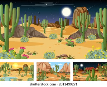 Diferentes escenas con paisaje forestal desértico con diversas plantas desérticas