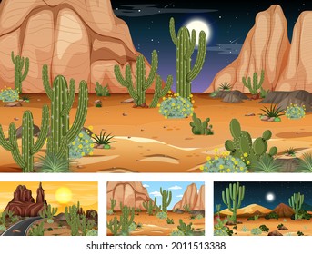Diferentes escenas con paisaje forestal desértico con diversas plantas desérticas