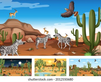Diferentes escenas con paisaje forestal desértico con ilustraciones de animales y plantas