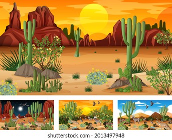 Different scenes with desert forest landscape with animals and plants illustration
