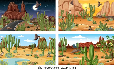 Verschiedene Szenen mit Wüstenlandschaft mit Tier- und Pflanzengrafik