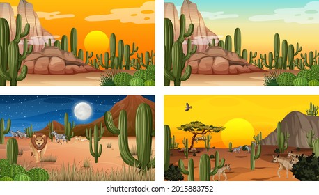 Different scenes with desert forest landscape with animals and plants illustration