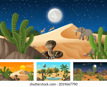 Different scenes with desert forest landscape with animals and plants illustration