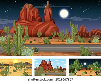 Different scenes with desert forest landscape with various desert plants illustration