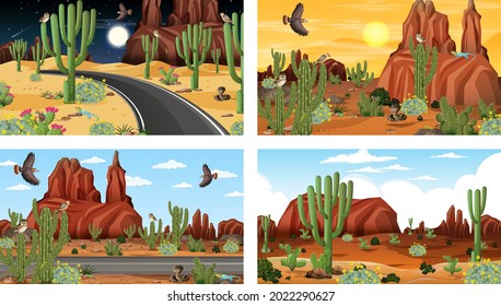 Verschiedene Szenen mit Wüstenlandschaft mit Tier- und Pflanzengrafik