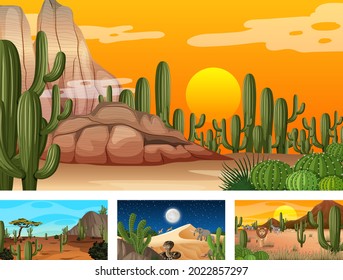 Different scenes with desert forest landscape illustration