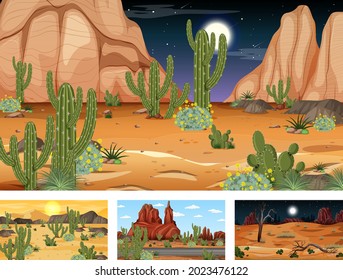 Different scenes with desert forest landscape illustration
