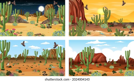 Different scenes with desert forest landscape with animals and plants illustration