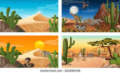 Different scenes with desert forest landscape with animals and plants illustration