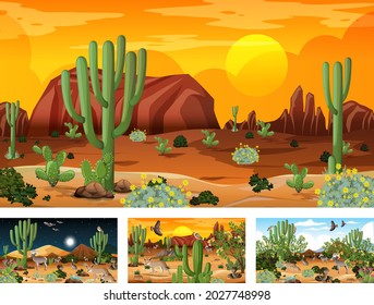 Verschiedene Szenen mit Wüstenlandschaft mit Tier- und Pflanzengrafik