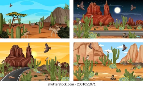 Different scenes with desert forest landscape with animals and plants illustration