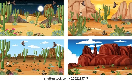 Different scenes with desert forest landscape with animals and plants illustration
