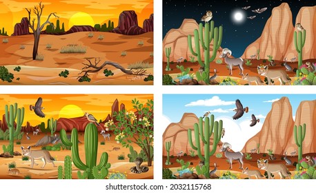 Different scenes with desert forest landscape with animals and plants illustration