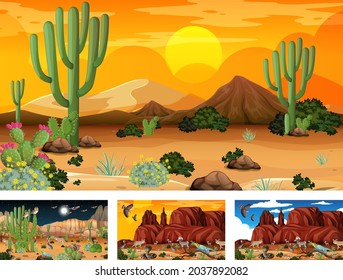 Different scenes with desert forest landscape illustration