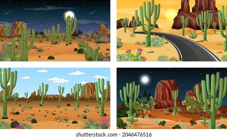 Diferentes escenas con paisaje forestal desértico con ilustraciones de animales y plantas