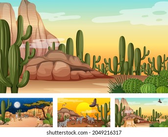 Different scenes with desert forest landscape with animals and plants illustration