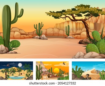 Different scenes with desert forest landscape with animals and plants illustration