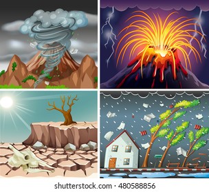 Different scenes with disasters illustration