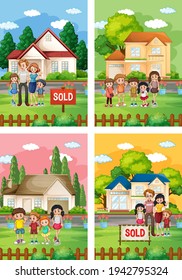 Different scenes of family standing in front of a house for sale illustration
