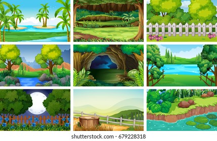 Different scenes forest   river illustration