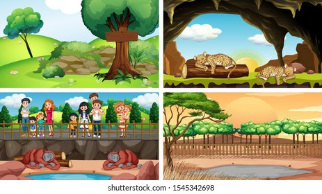Different scenes with people and animals illustration