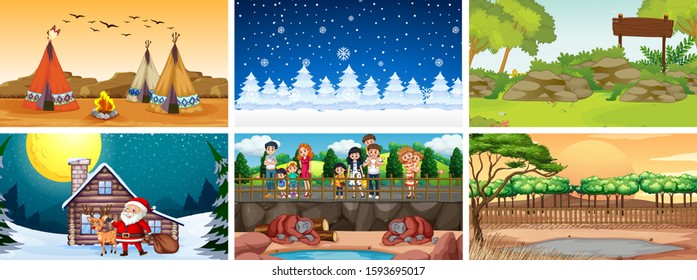 Different scenes with people and views illustration