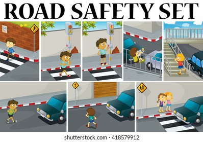 Different scenes with road safety illustration