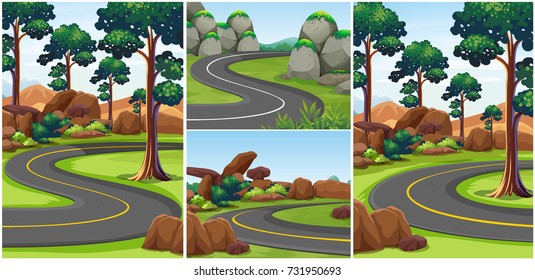 Different scenes with roads in the park illustration