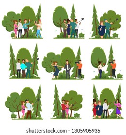 different scenes in which people participate in a photo shoot. friends are photographed in nature. Vector illustration isolated on a white background.