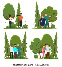 different scenes in which people participate in a photo shoot. friends are photographed in nature. Vector illustration isolated on a white background.