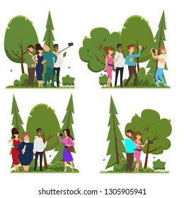 different scenes in which people participate in a photo shoot. friends are photographed in nature. Vector illustration isolated on a white background.