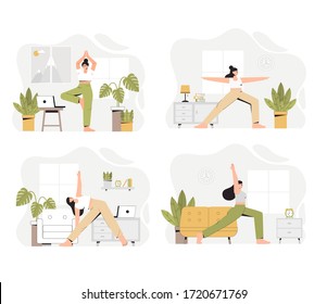 Different scenes of yoga training, a woman doing yoga at home in a living room with a cozy, modern interior. Flat style vector illustration. 