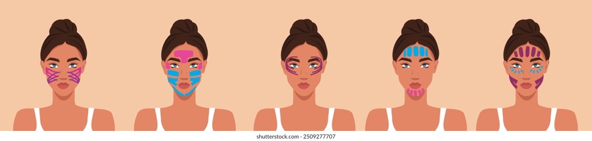 Different schemes of tape application. Set of woman with tapes on her face. Facelift. Vector template for advertising, website, banner, posters, cover.