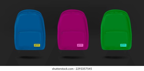 Unterschiedliche Schultaschen-Kollektion. 3D-Vektorgrafik einzeln auf schwarzem Hintergrund