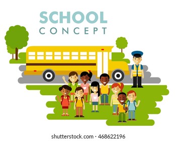 Different school children and bus concept in flat style. Multicultural kids group, driver and bus isolated on white background