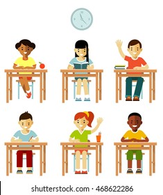 Different school children class set in flat style. Multicultural kids group sit at desks in classroom isolated on white background