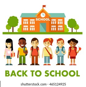 Verschiedene Schulkinder stehen im flachen Stil. Multikulturelle Kindergruppe und Schule einzeln auf weißem Hintergrund
