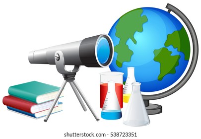 Unterschiedliche Schuleinrichtungen mit Teleskop und Globalgrafik