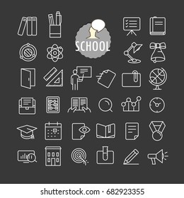 Different school icons vector collection. Web and mobile app outline icons set on dark background