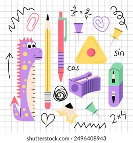 Different school kids stationery. Set of stationery items in flat style on white background. Back to school.