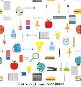Different school objects in good seamless pattern. Flat vector illustration background.