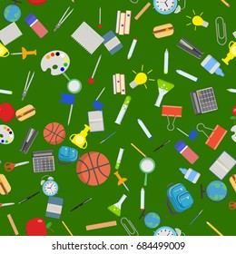 Different school objects in good seamless pattern. Flat vector illustration background.