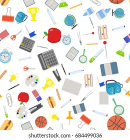 Different school objects in good seamless pattern. Flat vector illustration background.