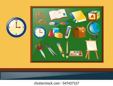 Different school objects on the board illustration